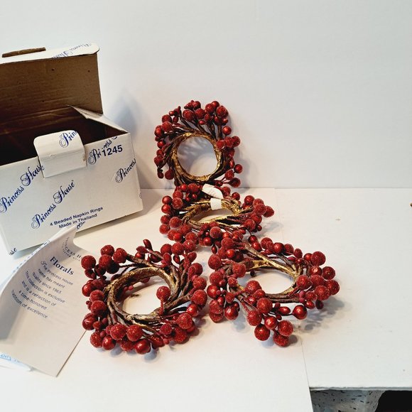 1245 Princess House 4 Beaded Napkin Rings Winter Garden Florals NIP DISCONTINUED - Picture 6 of 9